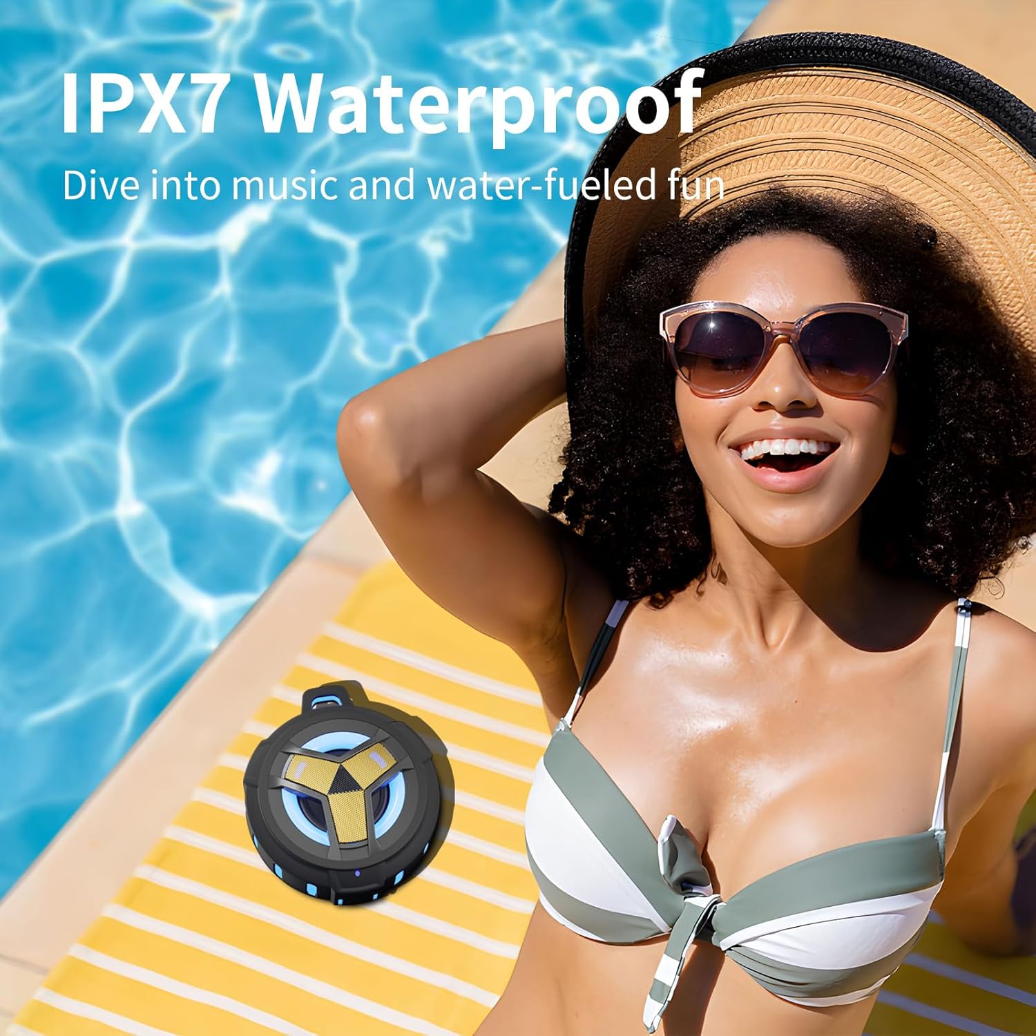 EBODA Altavoz Bluetooth impermeable, altavoz inalámbrico para ducha, IP67 impermeable, luz LED, flotante, altavoces portátiles para viajes, piscina,