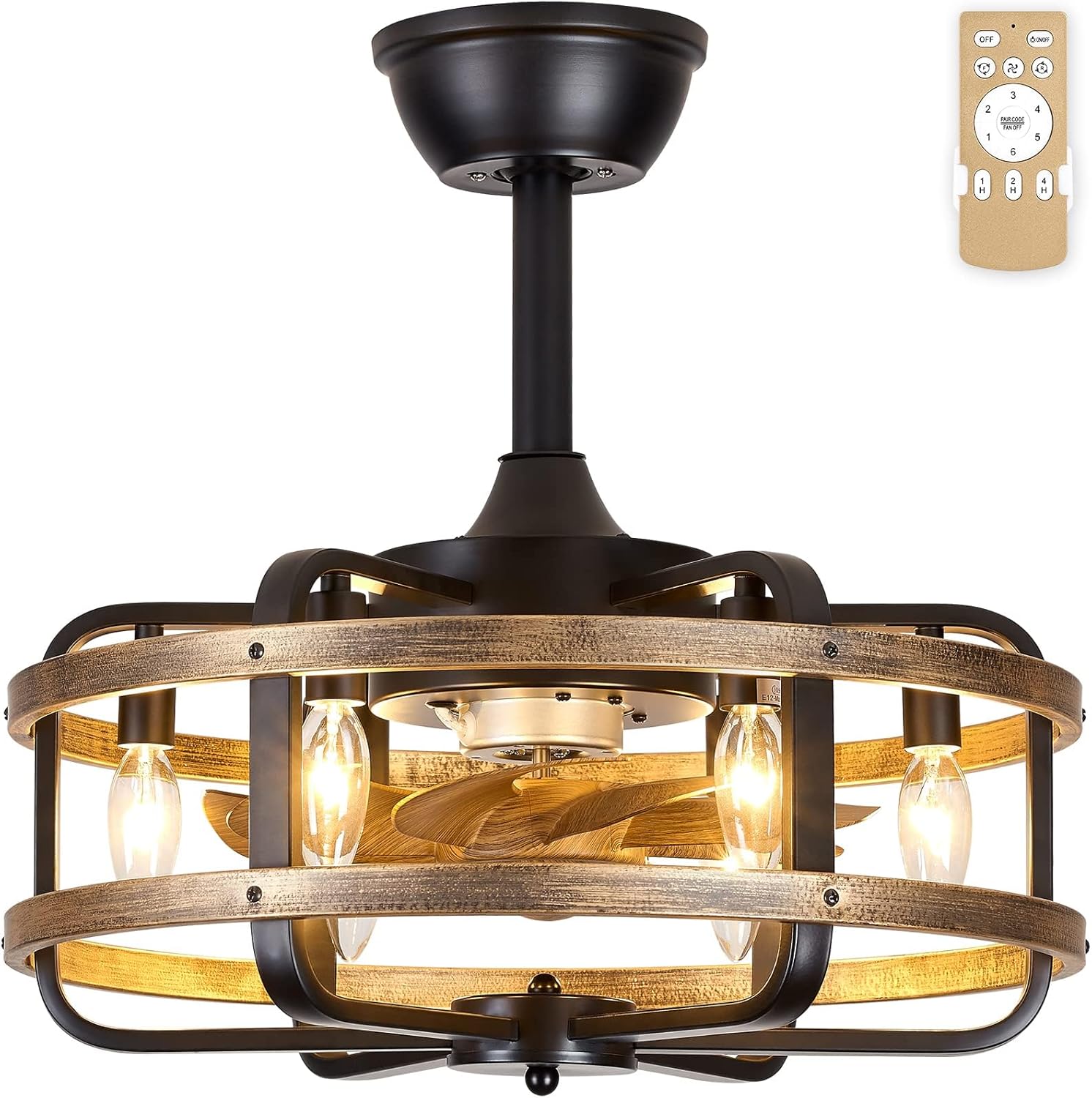 Luupyia Ventiladores de techo tipo jaula con luces y control remoto de 6 velocidades reversibles, ventilador de techo rústico de 18 pulgadas con luz