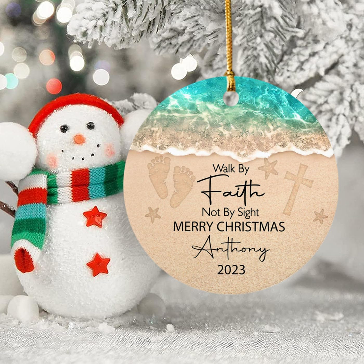 Walk by Faith Not by Sight – Adorno de Navidad con nombre personalizado, adorno de Navidad de Dios Jesús 2024, adorno personalizado de Feliz