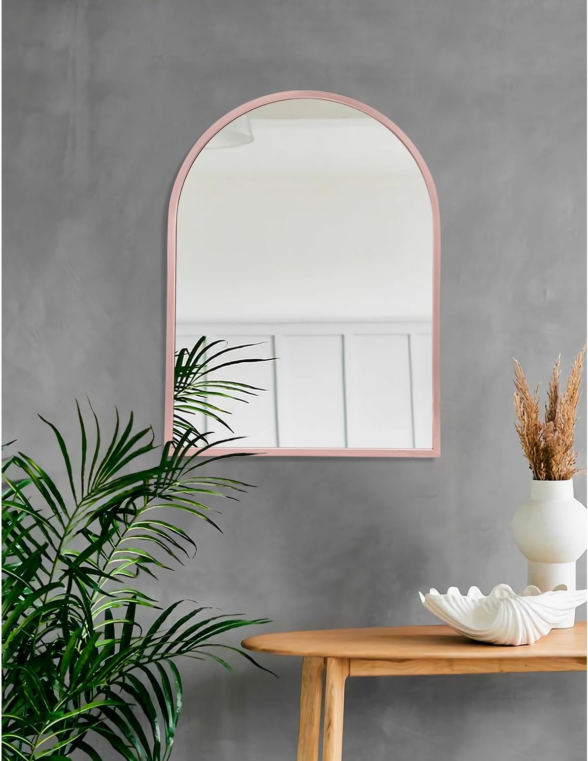 Espejo de pared de arco con marco de metal, espejo de pared para entrada, sala de estar, dormitorio, tocador, decoración de pared, oro rosa, 20 x 16
