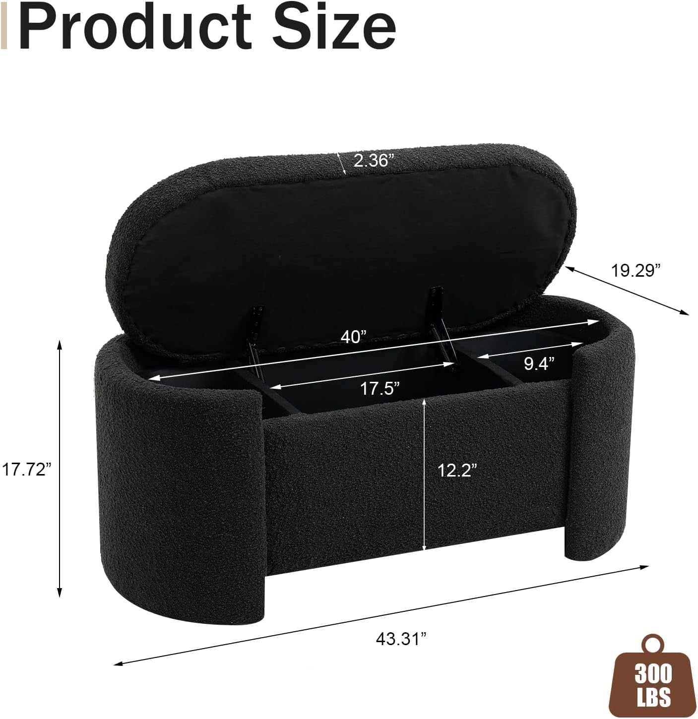 DecoraFlex Boucle Banco de almacenamiento negro, banco otomano tapizado moderno de 43.4 pulgadas, extremo de cama con bisagra de seguridad, banco