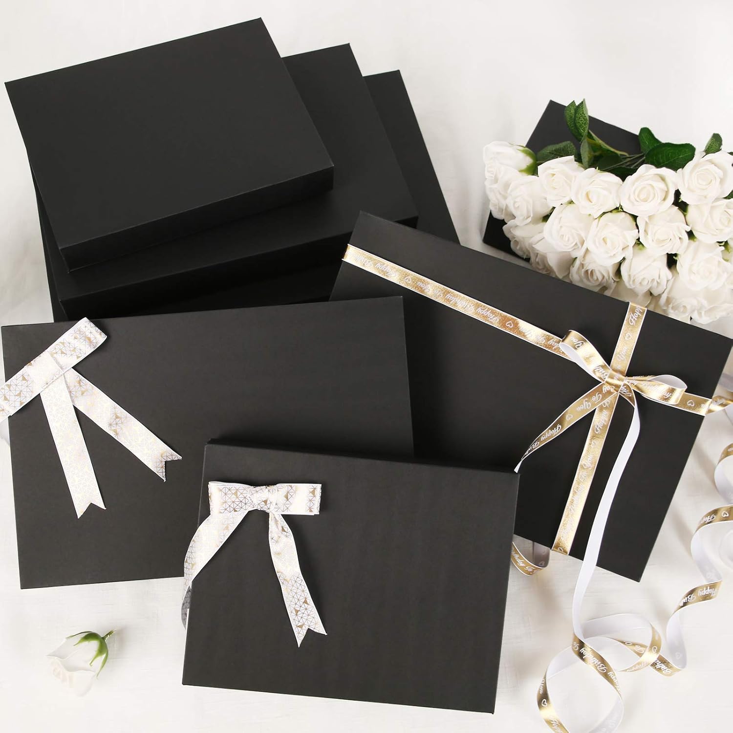 JINMING 6 cajas de regalo extragrandes con tapas de 17 x 11 x 2.5 pulgadas, cajas de regalo de tela negra, cajas de regalo de ropa (negro mate)