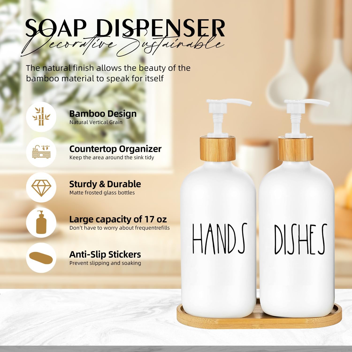 Arktek Juego de dispensador de jabón de vidrio con bandeja, paquete de 2 dispensadores de jabón de manos y platos para baño y cocina, dispensador de