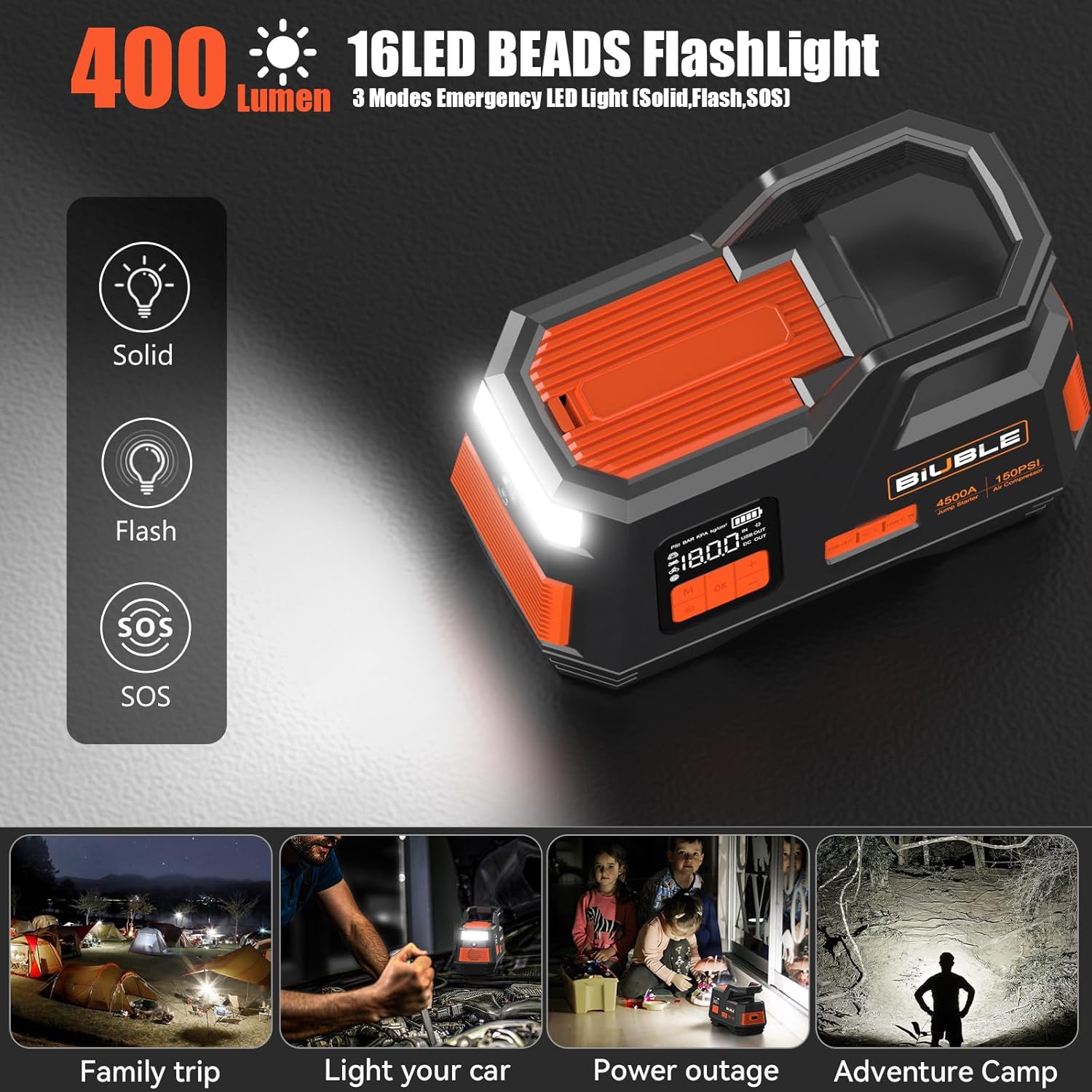 Arrancador de coche con compresor de aire, BIUBLE Jump Starter 4500A 150PSI Inflador para hasta todo el gasolina o motor diésel de 10.0L 12V batería