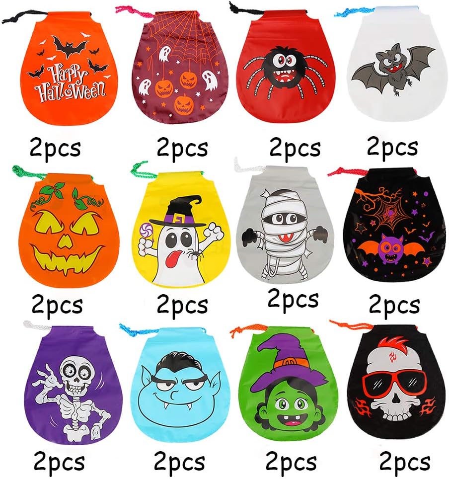 CCINEE 24 bolsas de golosinas con cordón de Halloween, 12 estilos, bolsas de golosinas de Halloween para niños, suministros de fiesta de Halloween