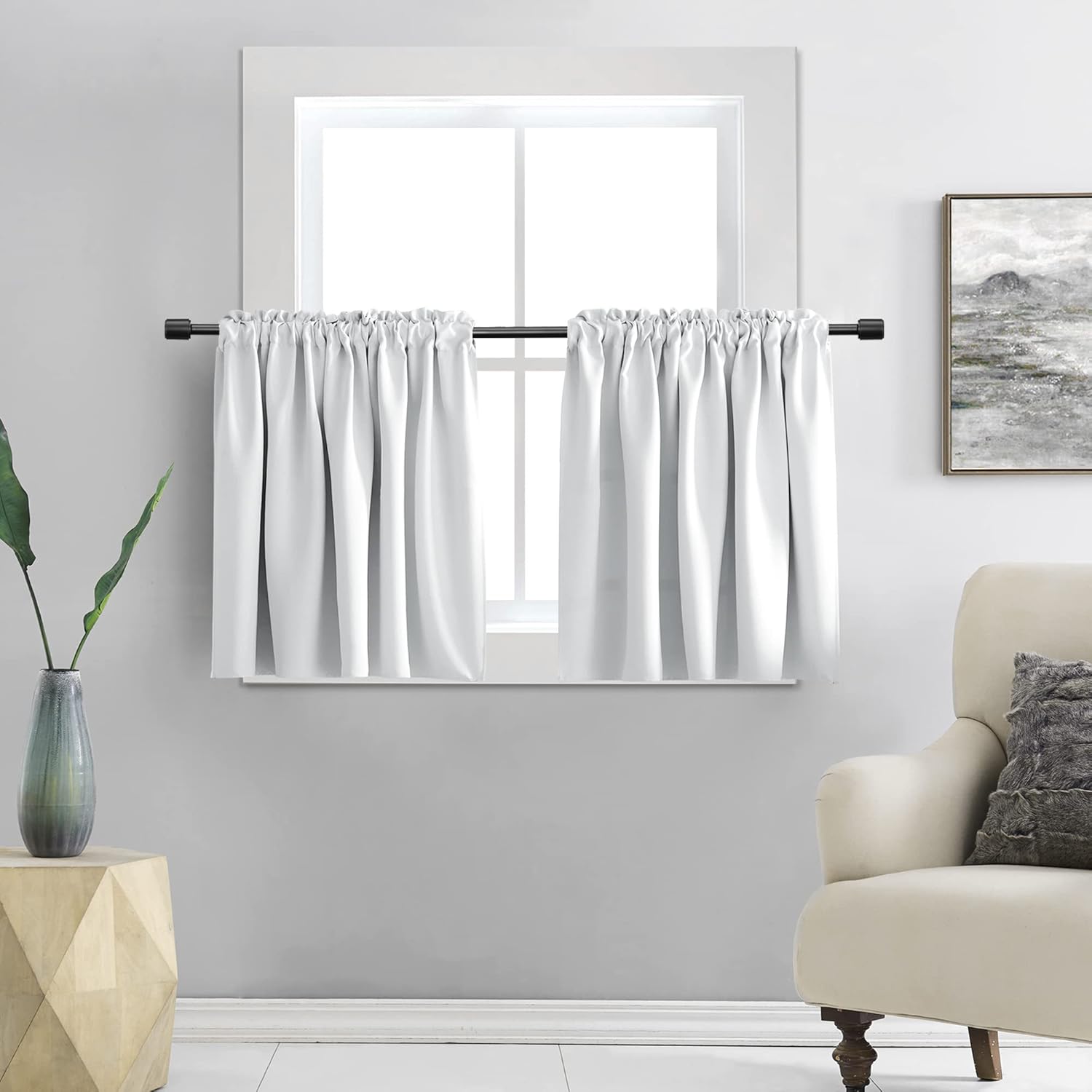 DONREN Paneles de cortina para ventana pequeña color blanquecino, para oscurecer la habitación, cenefas para baño, con bolsillo para barra (42 x 24