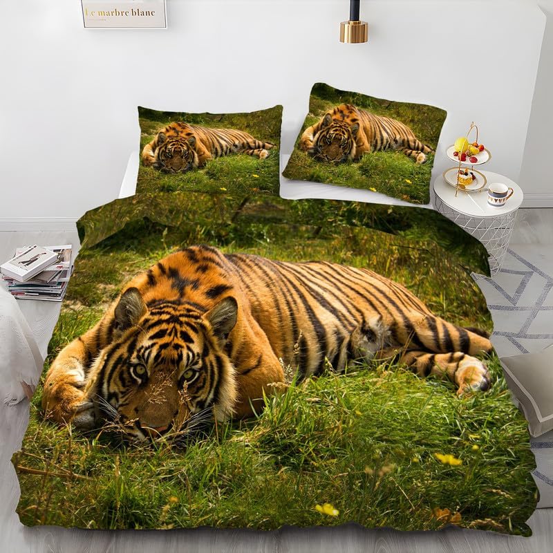 Tiger Light Green Duvet Cover Queen Animal Print Bedding Sets Queen Soft Microfiber Comforter Cover and 2 Pillow Shams 20″X26″, Bed Set Duvet Covers