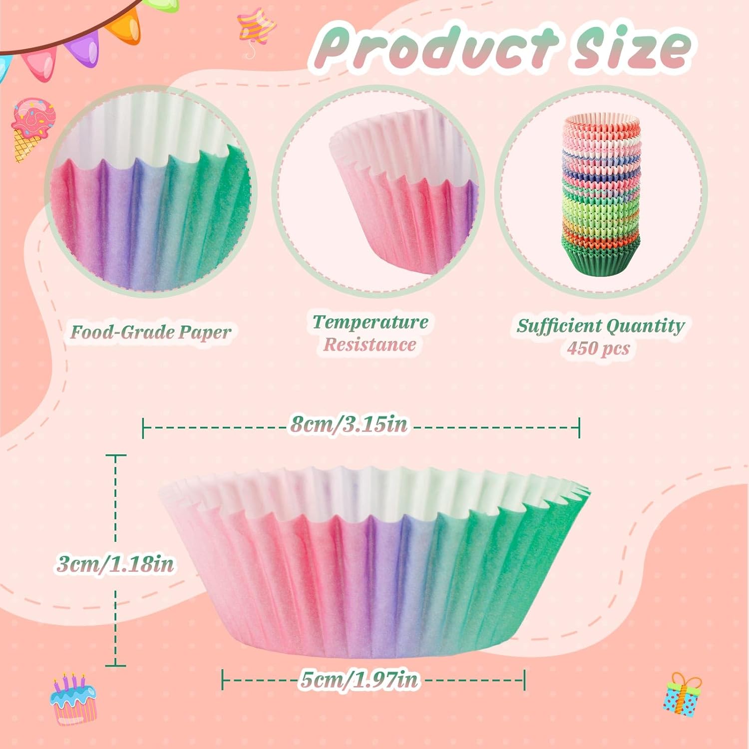 SANNIX 450 forros coloridos estándar para cupcakes, diseño degradado, para hornear, envoltorios de papel para magdalenas, para fiestas de