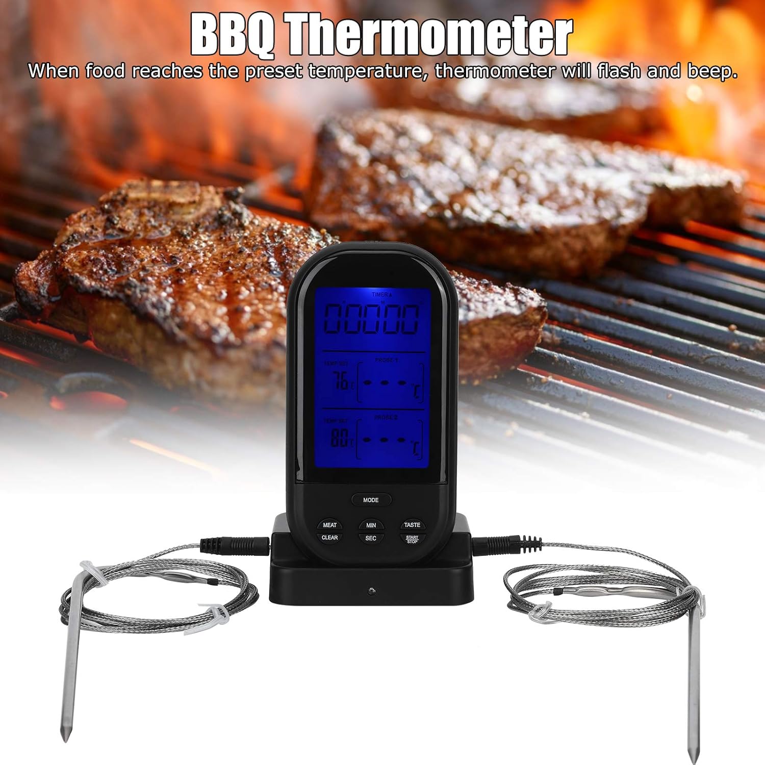 Termómetro digital para alimentos, termómetro remoto inalámbrico para alimentos con sonda doble, accesorio para cocina, barbacoa, parrilla