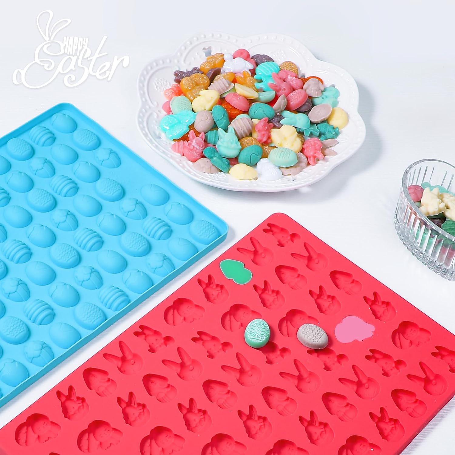 Webake Mini moldes de silicona de Pascua con forma de conejo y huevo de Pascua, moldes de conejo de 58 cavidades y moldes de huevos de 83 cavidades
