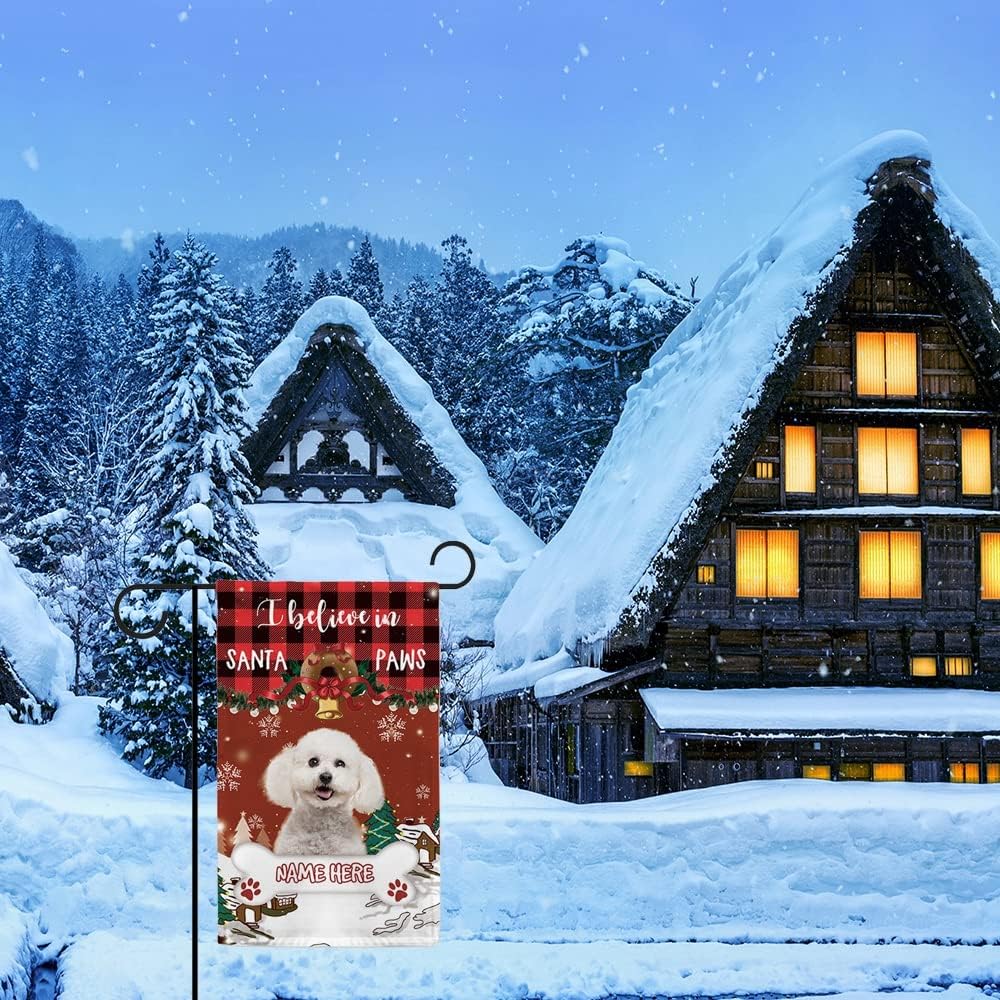 BAGEYOU Bandera de jardín de perro alemán negro con sombrero de Papá Noel, decoración de Navidad, bandera de invierno, copo de nieve, rayas verdes y