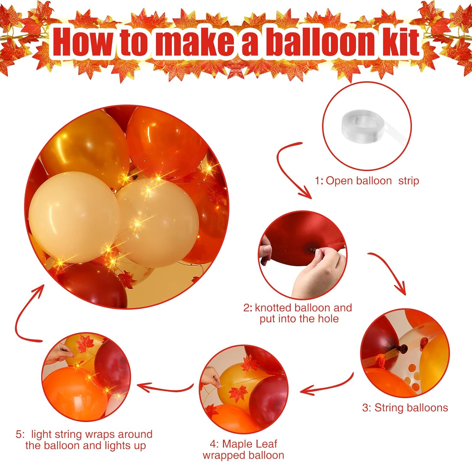 Kit de guirnalda de globos de agradecimiento con luces LED, hojas de arce, vid de otoño, naranja, granate, para Acción de Gracias, otoño, calabaza,