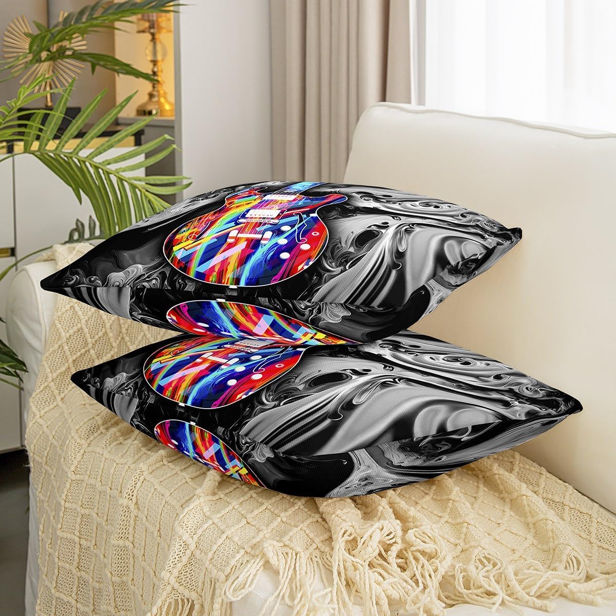Funda de almohada colorida de guitarra con teñido anudado para sofá, funda de cojín cuadrada con textura de mármol abstracto para niños y niñas, 16