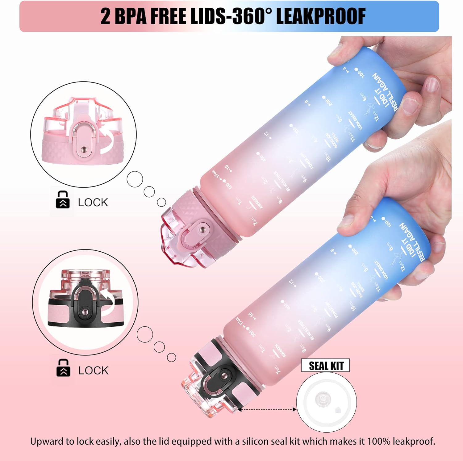 Botella de agua con popote de 17oz para niños, con marcador de tiempo que motiva a beber, 2 tapas (popoteboquilla), a prueba de fugas, reutilizable,