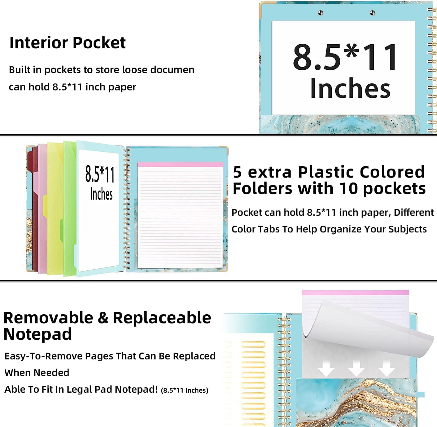 Hiyong Folio portapapeles con bloc de notas recargable, lindo portapapeles 5 divisores con 10 bolsillos, carpeta portapapeles en espiral con lazo