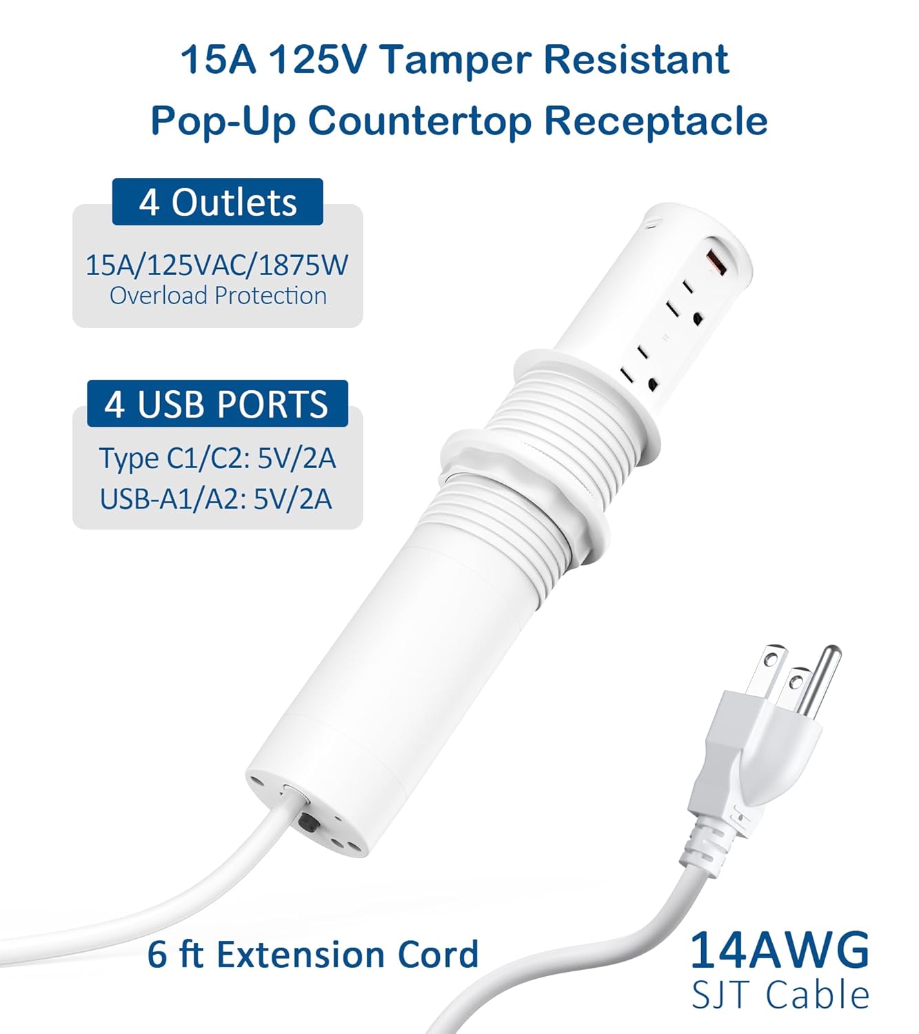 Toma de corriente desplegable para encimera, ojales de alimentación de escritorio de 2.5 pulgadas, 4 tomas, 4 puertos USB, receptáculo resistente a