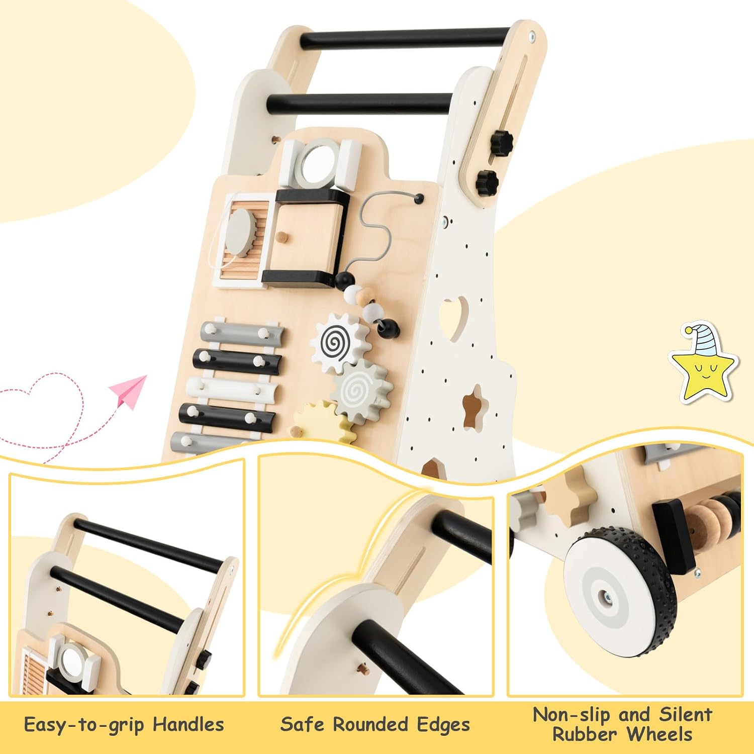 BABY JOY Andador de madera para bebés, centro de actividades de aprendizaje de pie para empujar y tirar, juguete educativo Montessori para niños