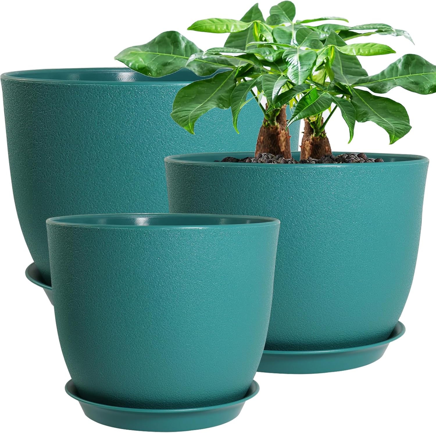 Macetas modernas grandes de plástico con agujeros de drenaje y platillos para plantas de interior y exterior, flores, verde malaquita