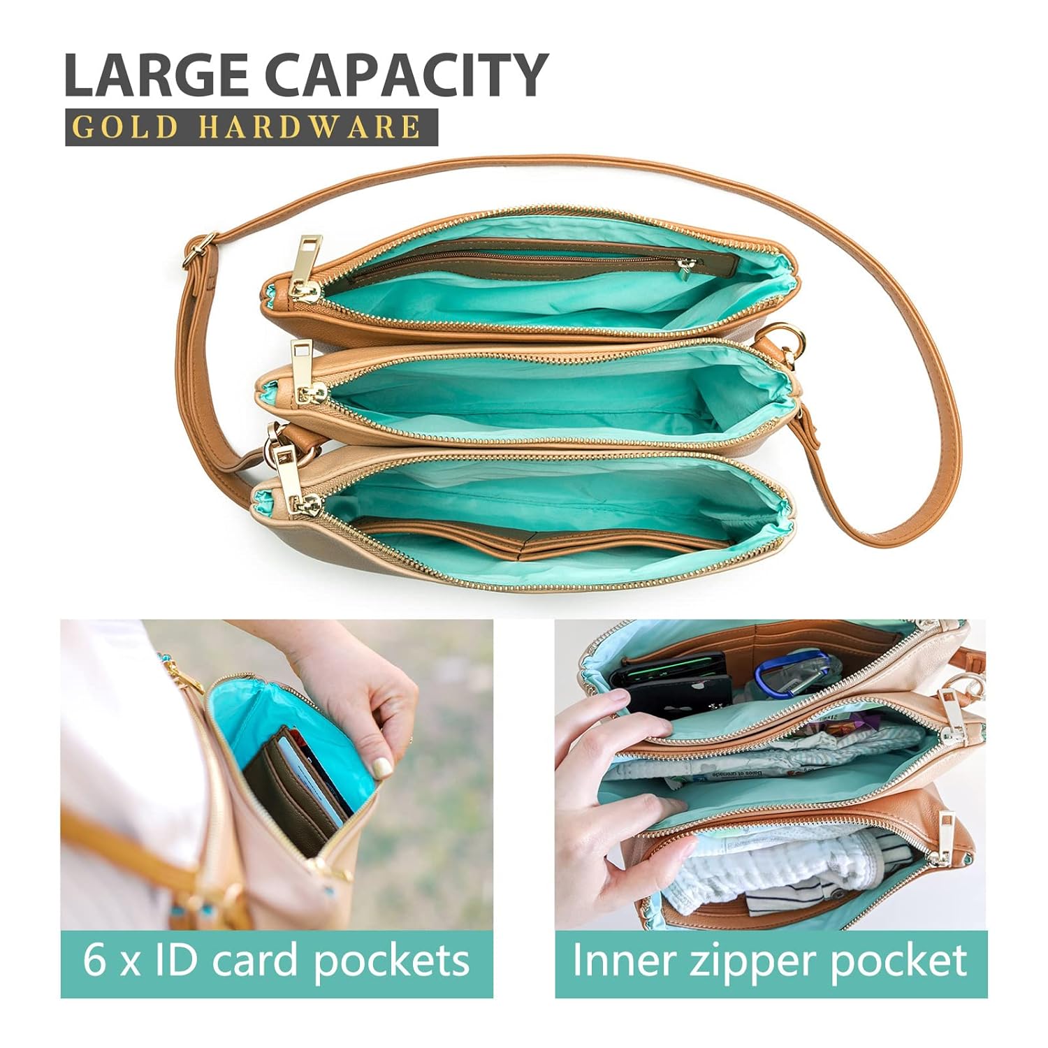 MOMINSIDE Mochila para pañales, bolsas cruzadas de cuero para bebé con 6 bolsillos aislados para mamá papá, búsqueda de registro de bebé, cambiador,