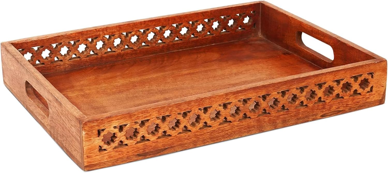 Bandejas decorativas de madera pulida mediana con asas, bandeja de granja “Trellis para mesa auxiliar” – Bandeja de madera para servir en la cama –