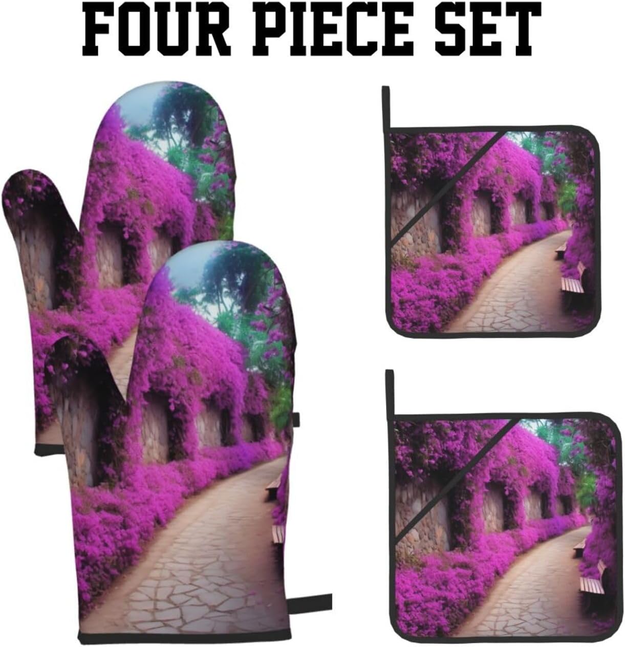 Purple Floral Blooming Path Print Oven Mitts and Pot Holders Heat Resistant Oven Gloves and Hot Pads Gloves Set for Baking