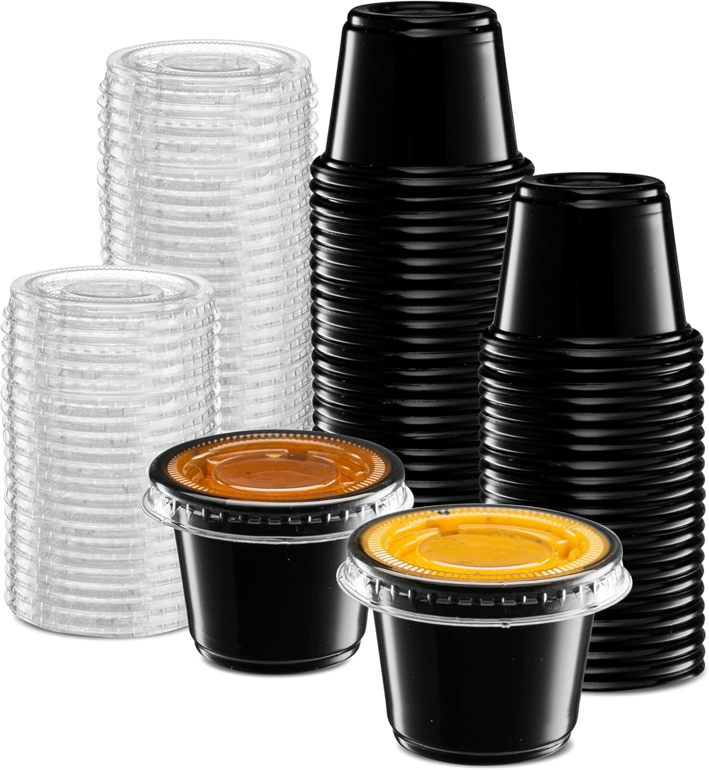 1 oz  100 juegos Vasos de plástico sumergibles negros con tapas, pequeños recipientes para control de porciones, chupitos de gelatina, preparación
