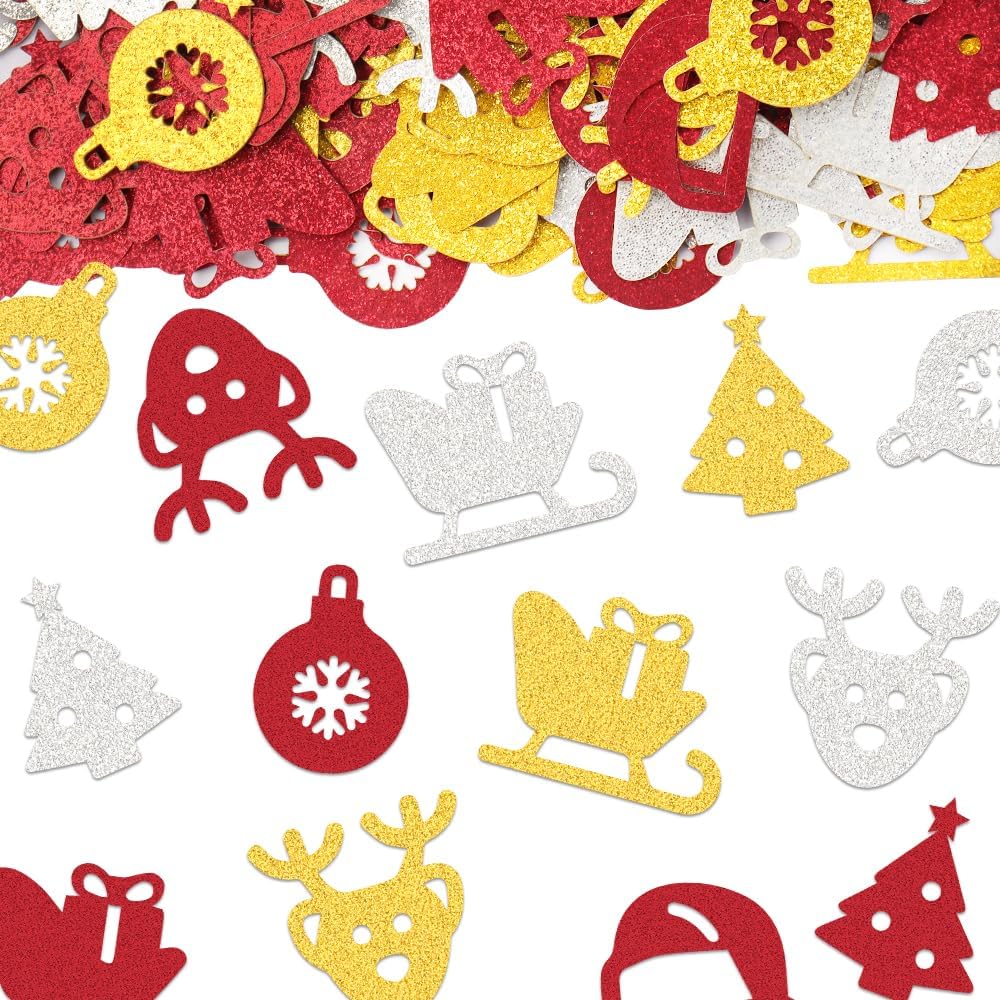200 piezas de confeti de Navidad, azufaifo, rojo, plateado, dorado, trineo, alce, árbol de Navidad, sombrero de Papá Noel, decoración de confeti de