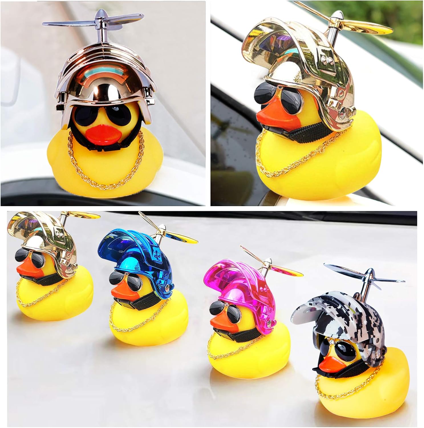 wonuu Decoraciones de pato para tablero de automóvil, paquete de 3 patos de goma para accesorios de automóvil, pato de goma con casco de empuje,