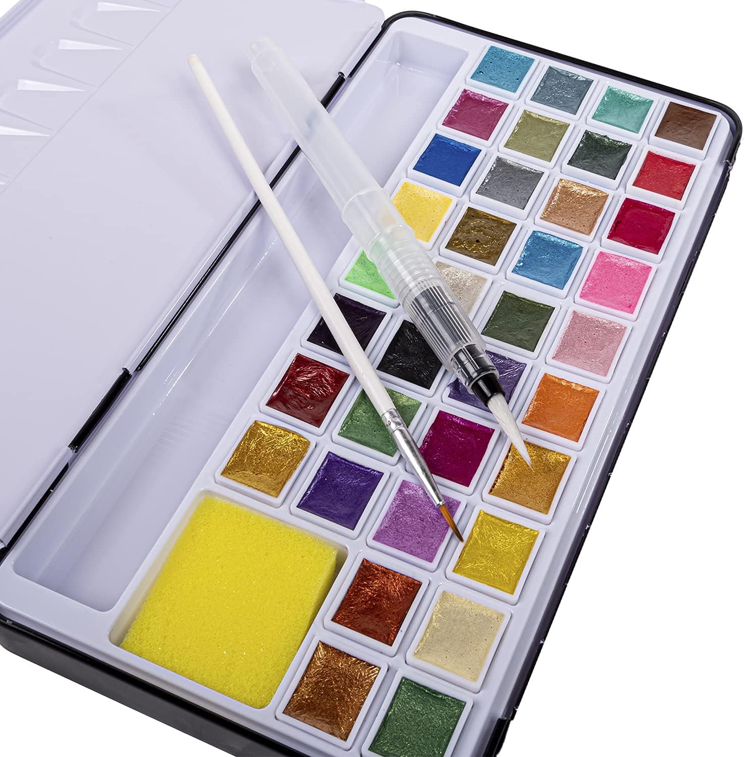 Juego de pinturas metálicas para acuarela, 36 colores de agua con purpurina vibrante de grado artístico con lata de almacenamiento y pincel,
