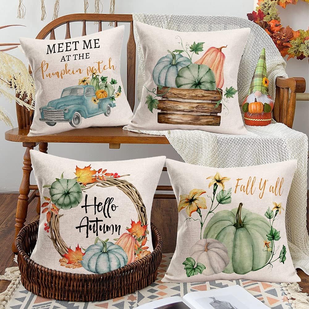 Juego de 4 fundas de almohada de calabaza para decoración de otoño para el hogar, 22 x 22 pulgadas, juego de 4 flores de hoja de arce con camión