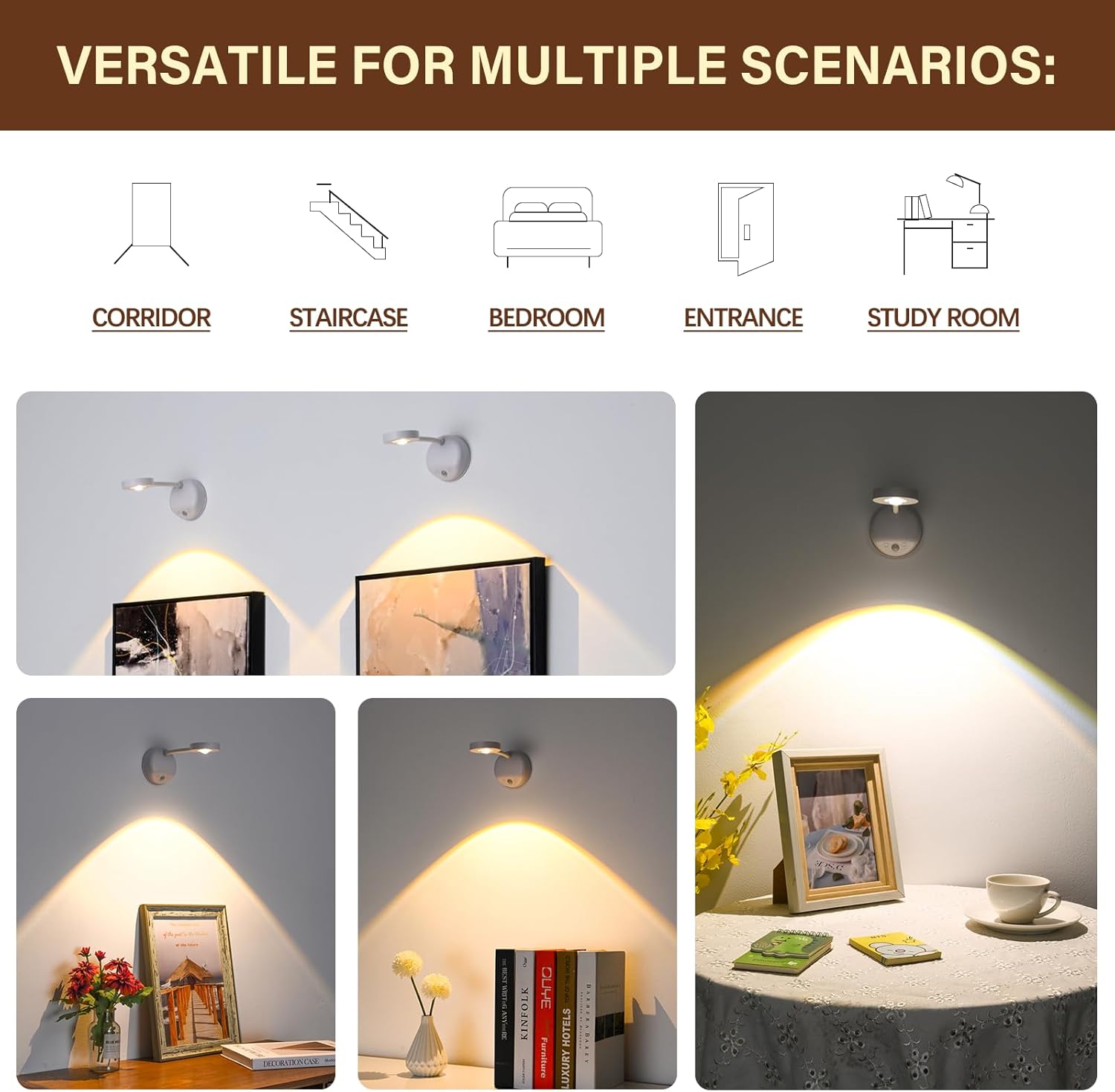 Lámpara de pared con sensor de movimiento, foco LED recargable, lámpara de lectura de cabecera con rotación flexible con 3 temperaturas de color