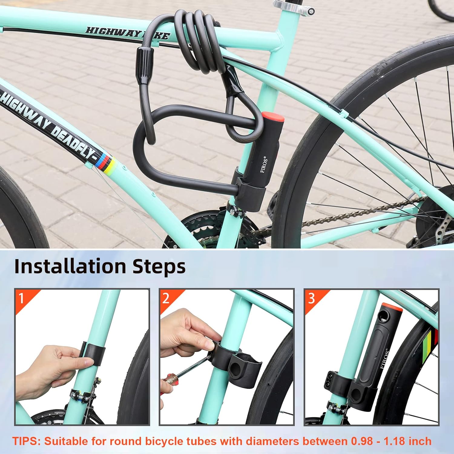 FIROS Candado en U para bicicleta con cable resistente, candado de bicicleta de 0.63 pulgadas con cable de seguridad y soporte de montaje resistente