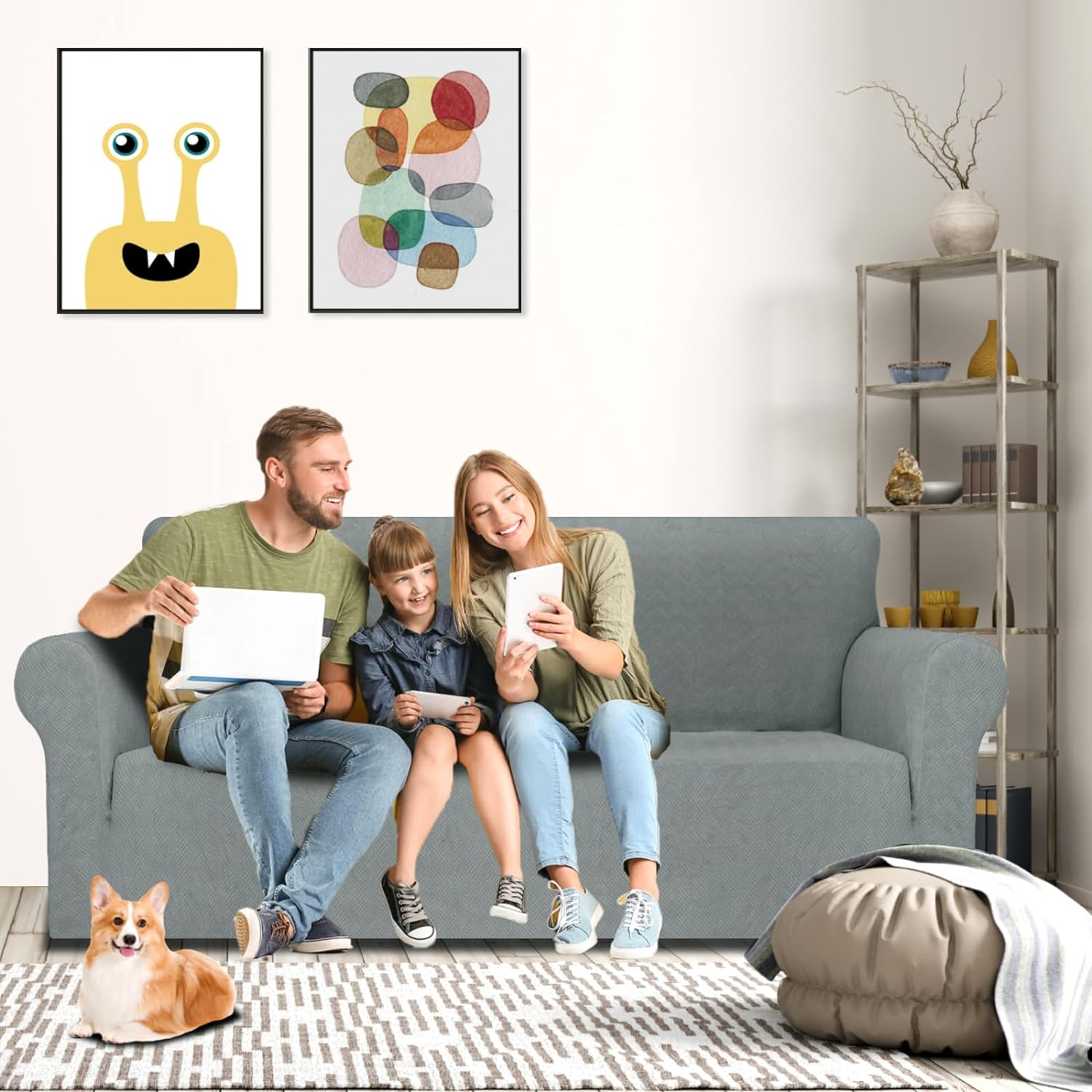 MAXIJIN Fundas de sofá para sofá de 3 cojines, funda elástica de 1 pieza, protector de muebles con parte inferior elástica para niños y perros