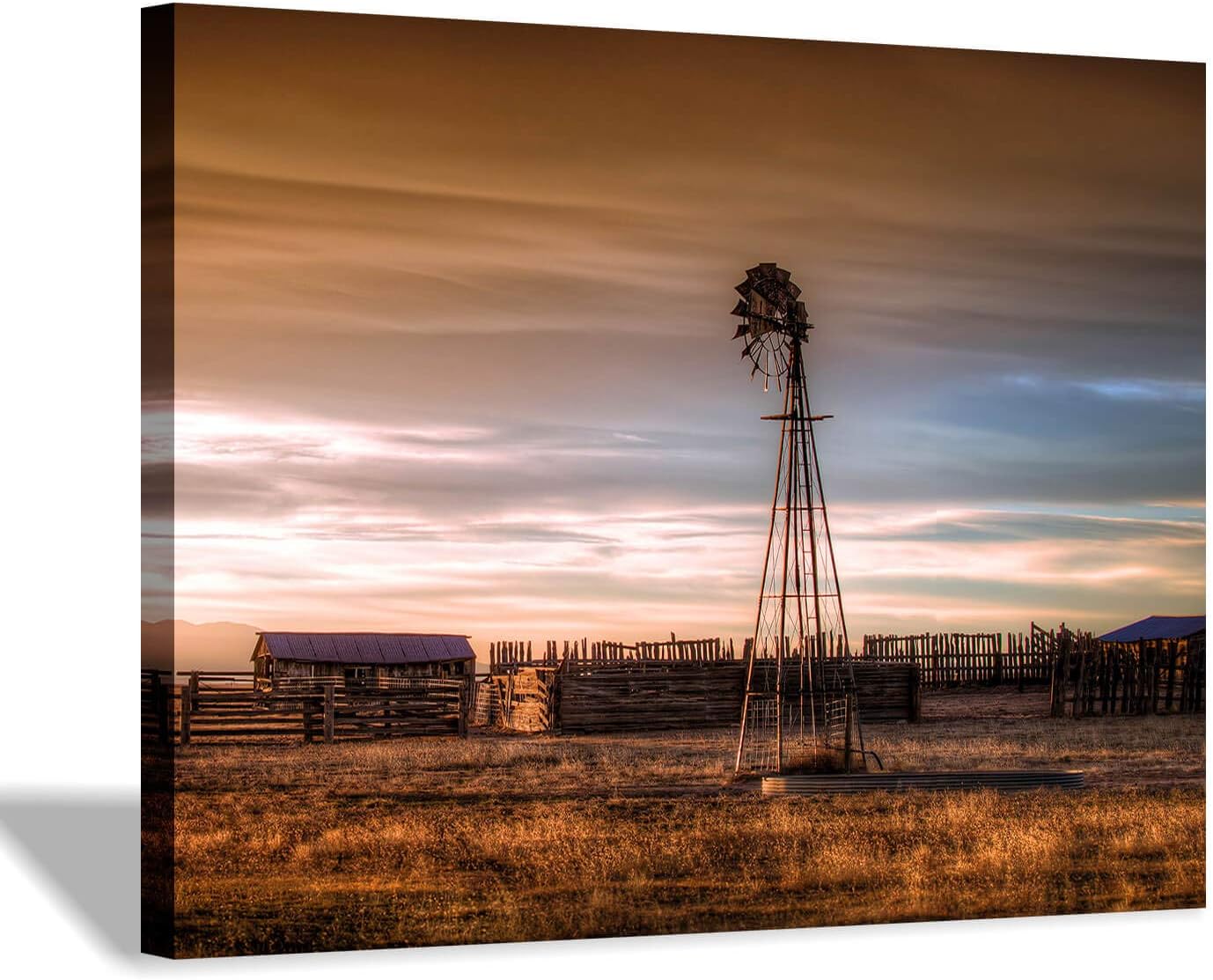 Rustic Windmill Picture Wall Art Plains Landscape Artwork Farmhouse Painting Print on Canvas for Living Room (16” x 12” x 1 Panel)