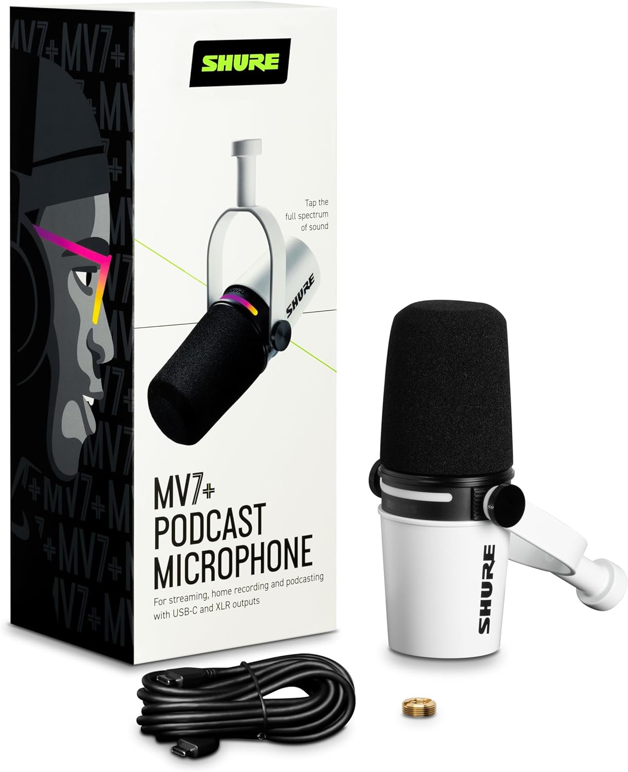Shure Micrófono de podcast MV7+. Audio mejorado, panel táctil LED, salidas USB-C y XLR, modo de nivel automático, filtro pop digital, efectos de