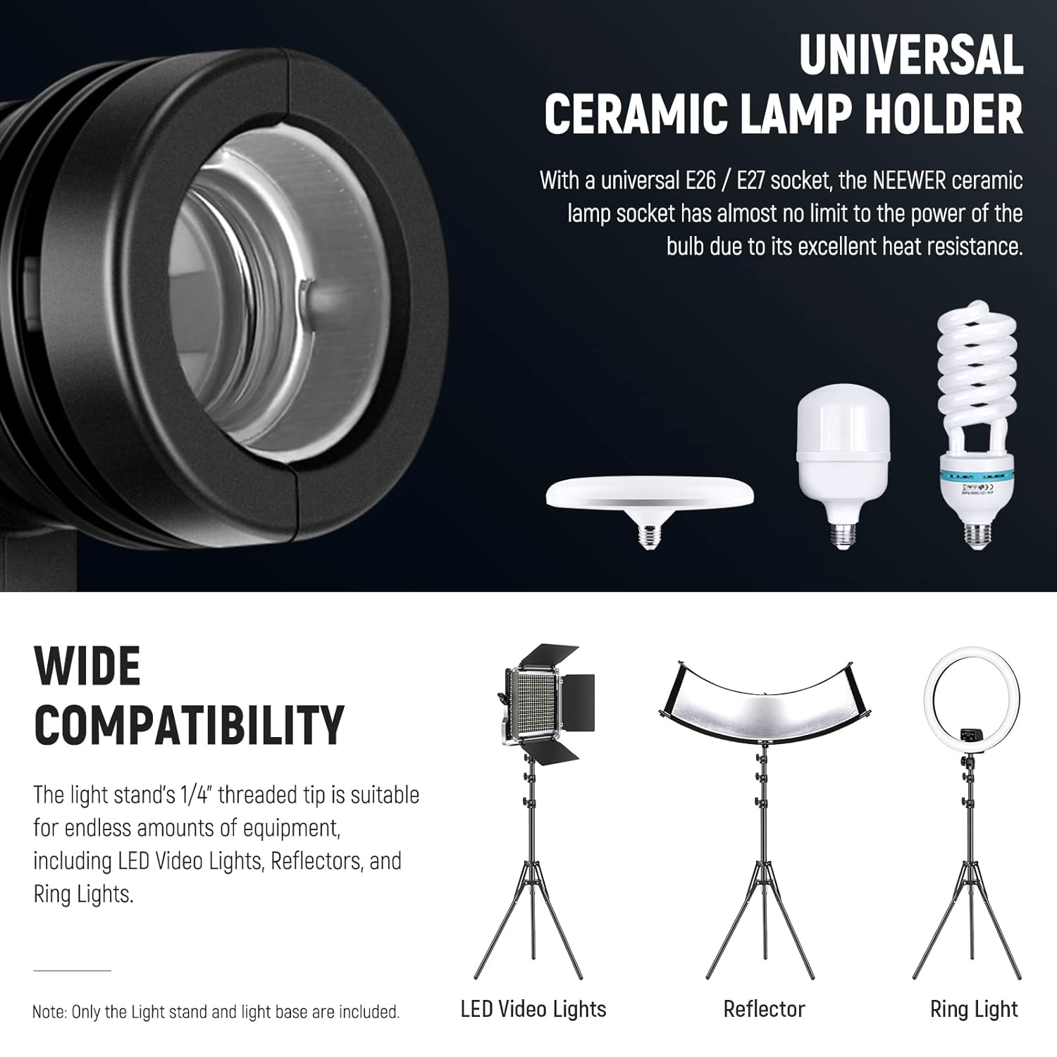 NEEWER E26 E27 Soporte de lámpara de cerámica de CA con soporte de luz, soporte para paraguas, cable de alimentación prolongado de 10.5 pies126.0 in