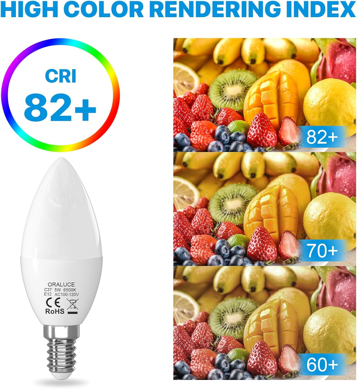 ORALUCE Paquete de bombillas de candelabro blanco frío 6500K y bombilla LED A15 blanco frío 6500K (cada paquete de 6)