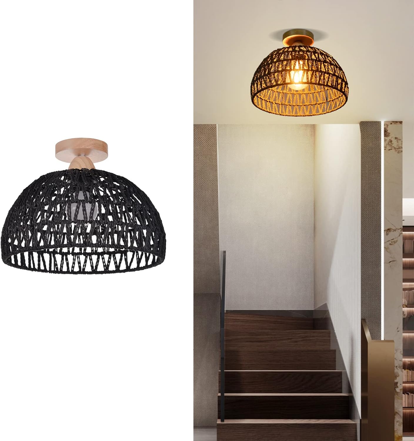 Arturesthome Lámpara de techo de ratán de cuerda de cáñamo negra, lámpara de techo semibohemia, tambor de mimbre, lámpara rústica de granja para