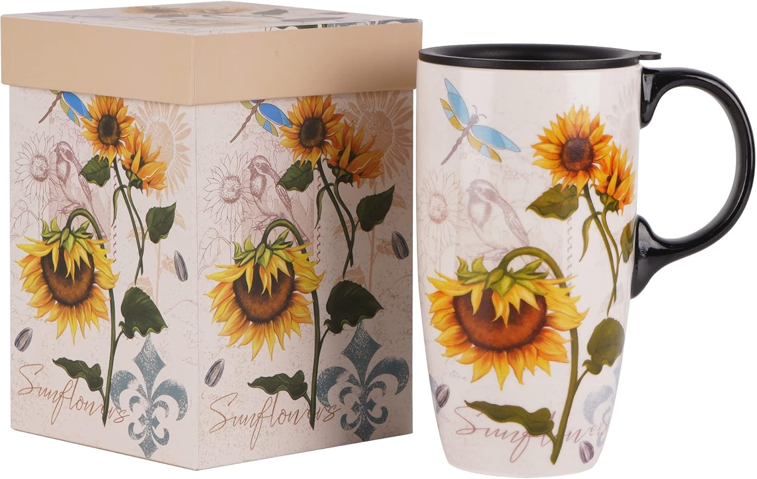 DUSVALLY Taza de café de cerámica con tapa, taza de té de latte de porcelana con asa 16.9 fl oz17 oz, girasol, regalos para mamá