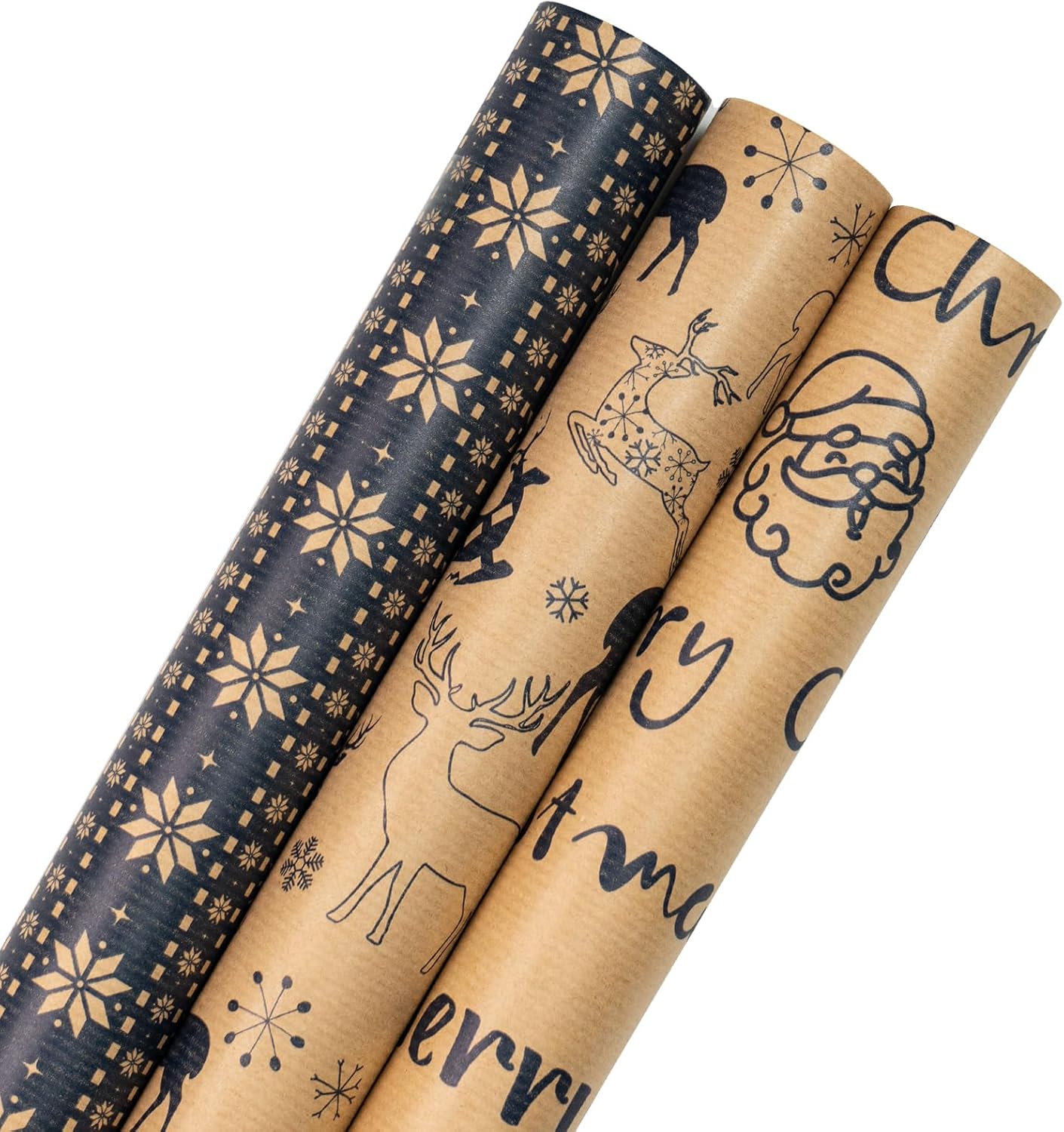 RUSPEPA Rollos de papel de regalo de Navidad  Mini rollo  17 pulgadas x 10 pies por rollo, total de 3 rollos  reno y copo de nieve