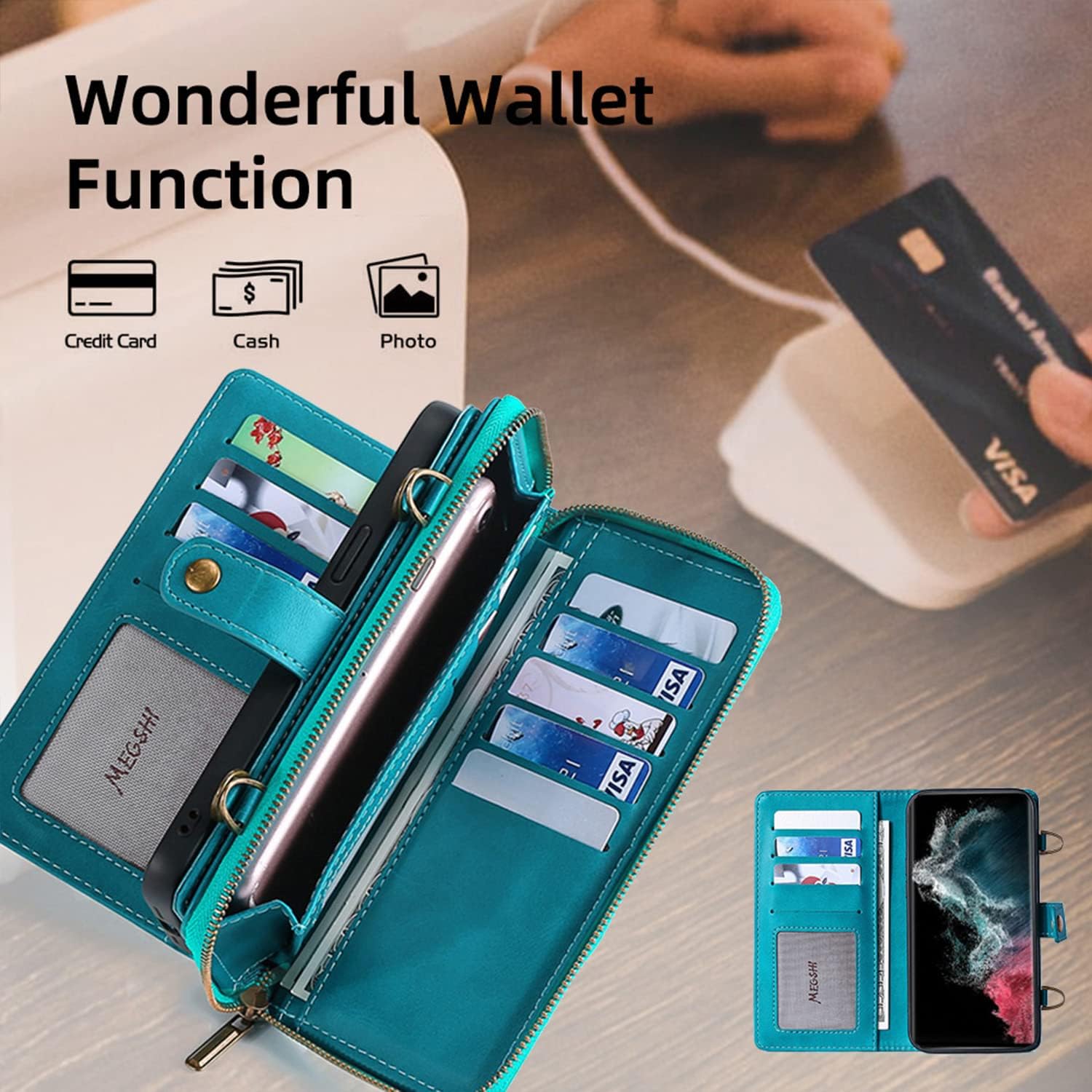 Compatible con Samsung Galaxy S22 Ultra 5G – Funda tipo cartera con correa para el hombro, soporte para tarjetas, multifunción, 2 en 1, funda
