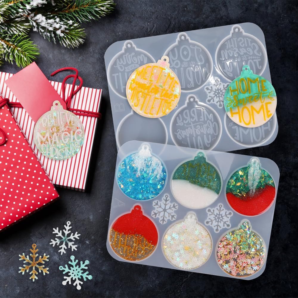 Vellibring Moldes de resina de Navidad de silicona, 2 piezas de adornos de Navidad, moldes redondos de resina epoxi con letras de copo de nieve para