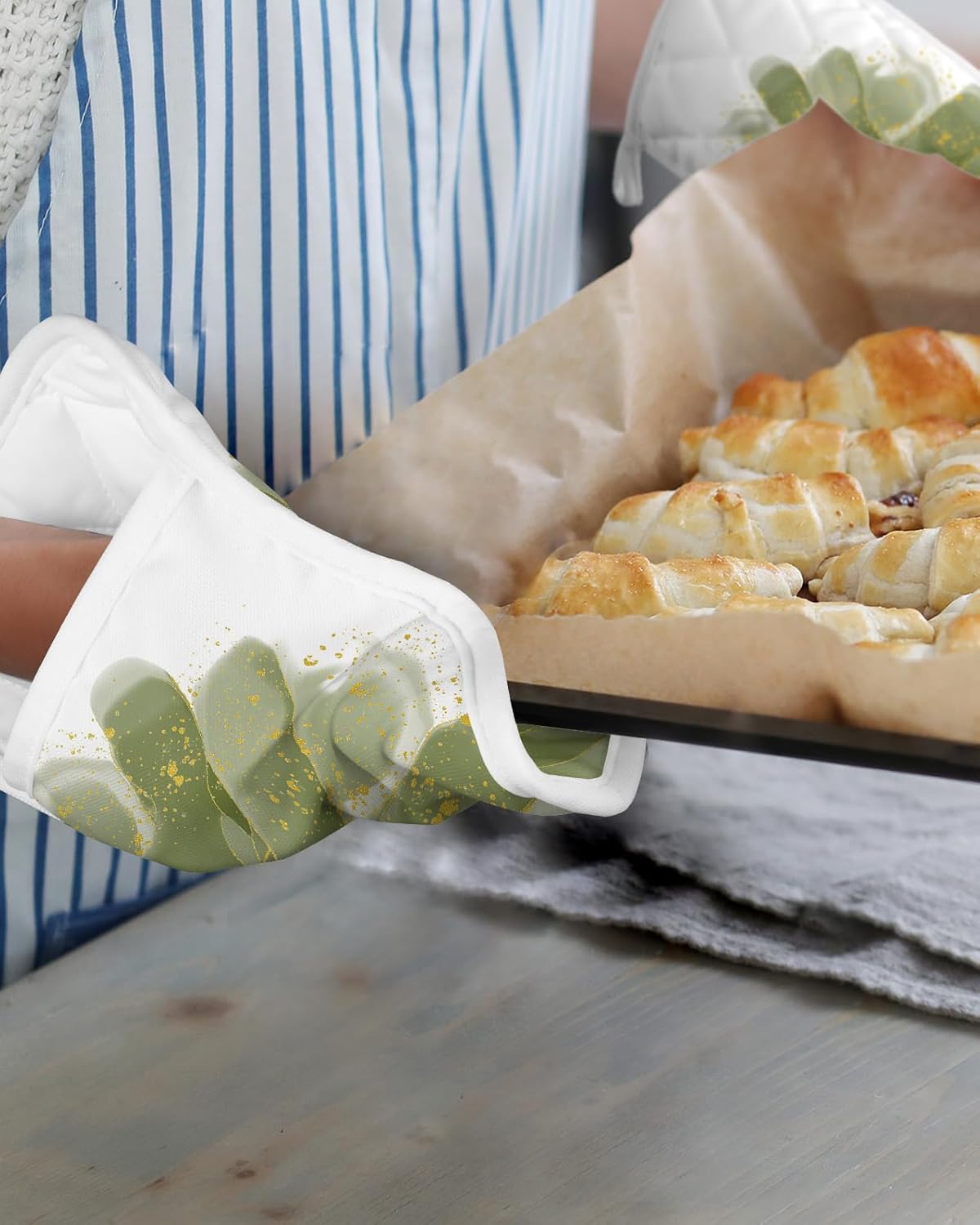 Juego de 2 agarraderas de tela de rizo antideslizante y aislante de calor con bolsillo, guantes gruesos para horno, posavasos para hornear, estilo