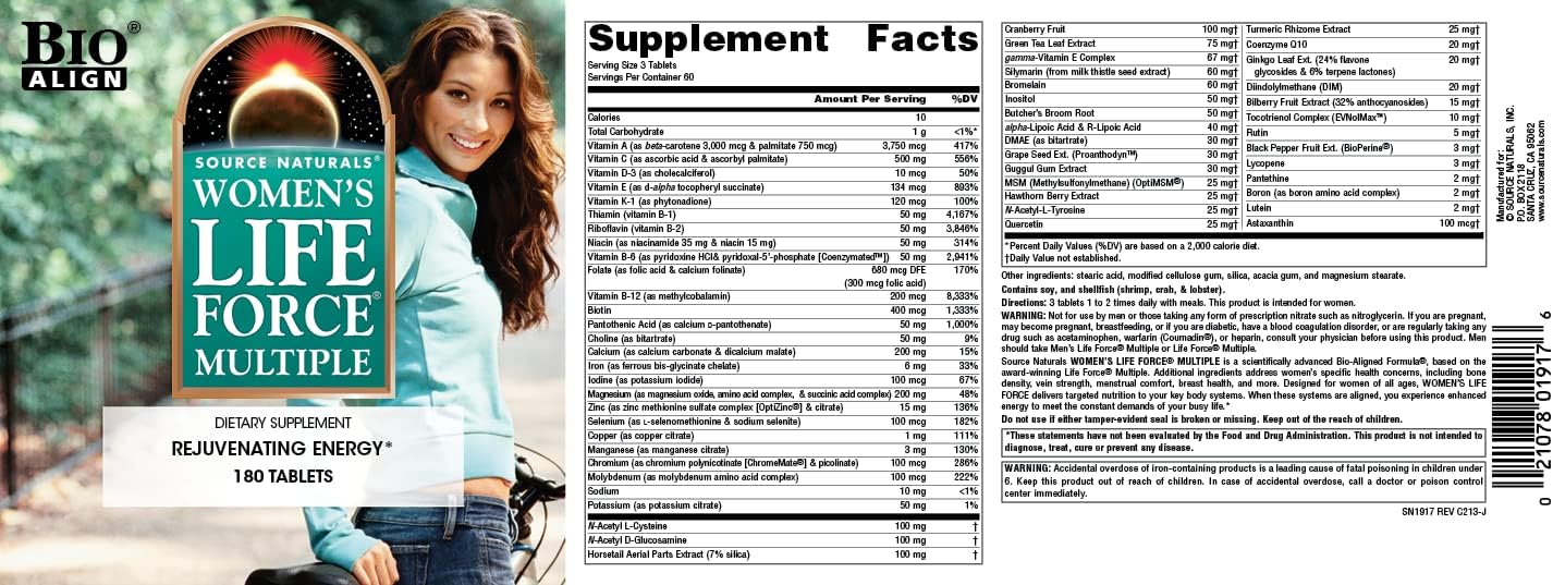 Source Naturals Suplemento multivitamínico diario y multivitamínico para la salud inmune de las mujeres Life Force – 180 tabletas