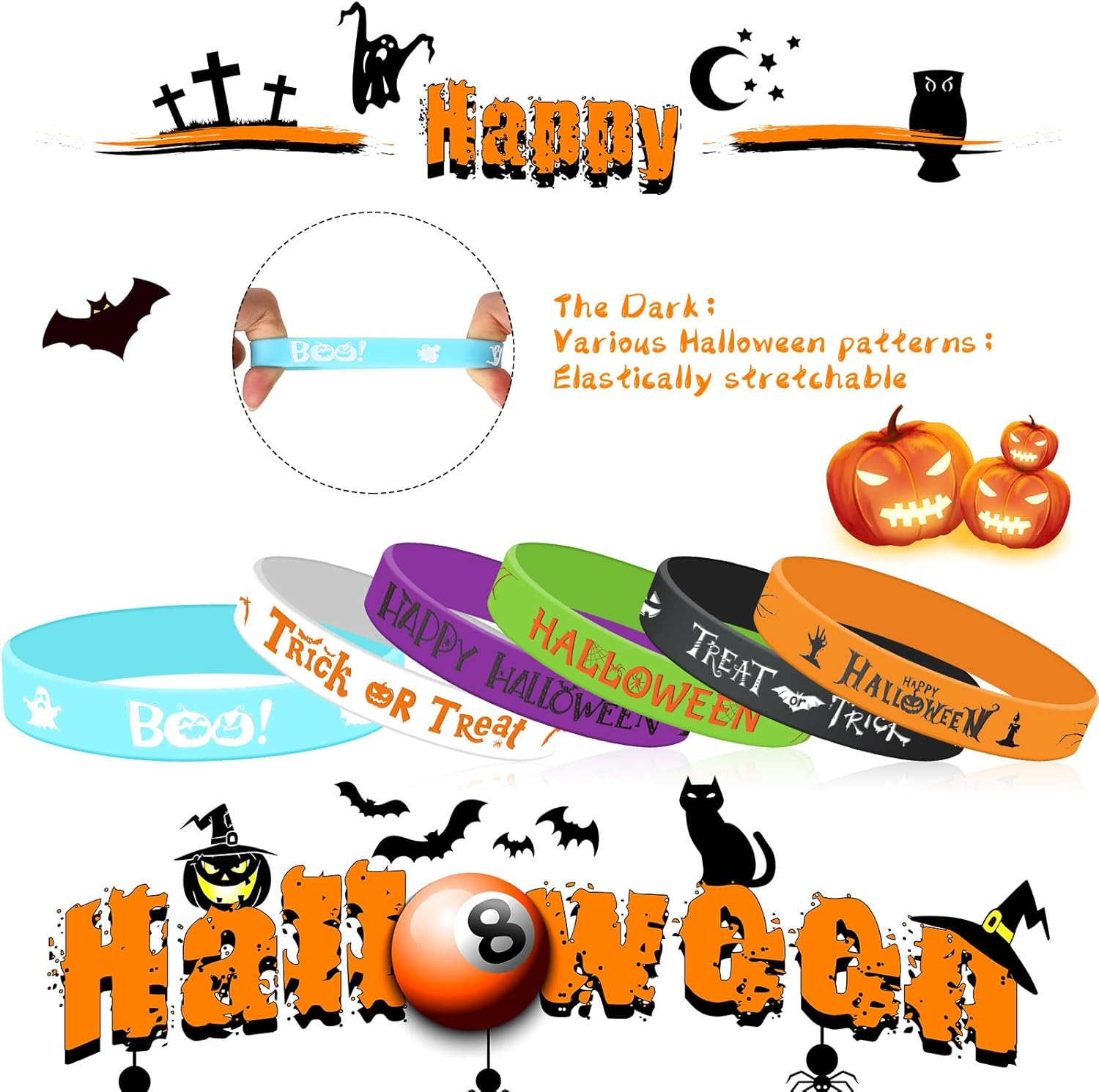 48 pulseras de silicona luminosas de Halloween, pulseras con patrones de calabaza que brillan en la oscuridad para Halloween, regalos de truco o