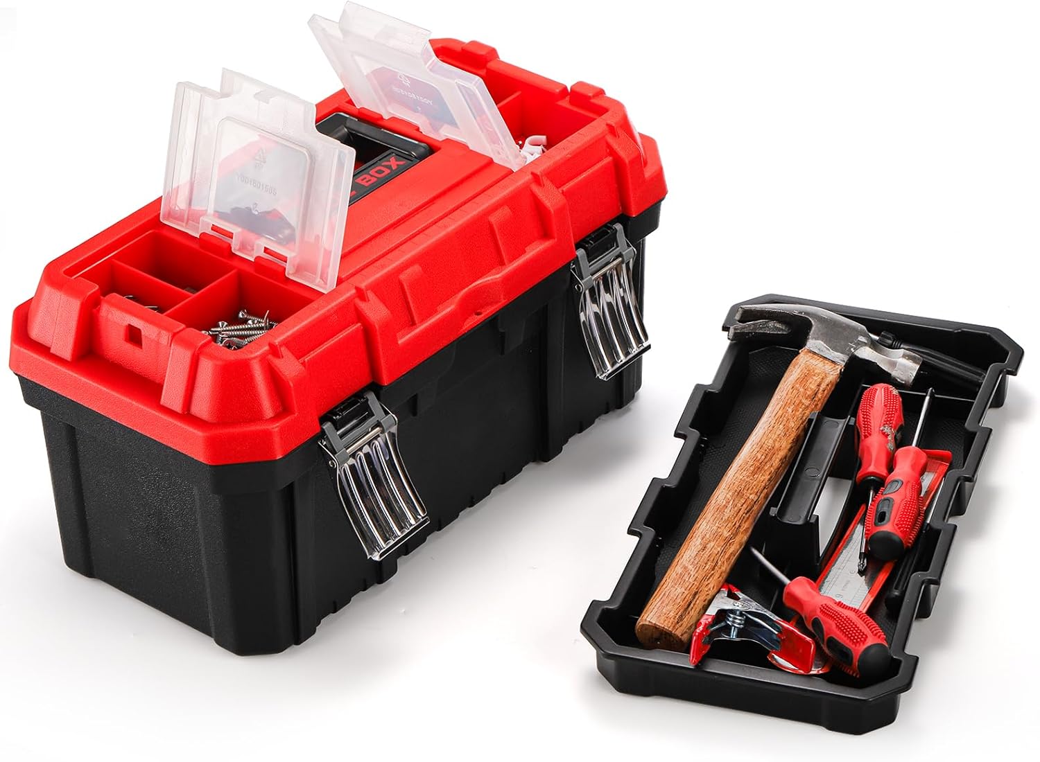 Caja de herramientas de 14 pulgadas, organizador de almacenamiento de plástico de dos capas con bandeja extraíble y divisores, caja de herramientas
