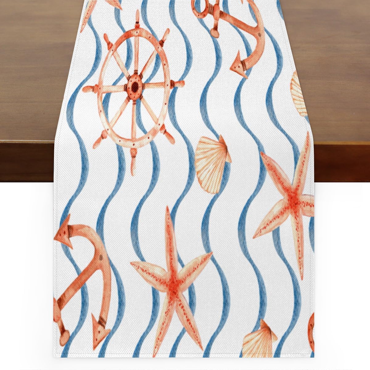 Table Runner Rudder Shell Wave Line, Rustic Linen Table Cloth for Farmhouse Kitchen, Dinner, Events, Party, Holiday Table Decor 13 x 120 Inches