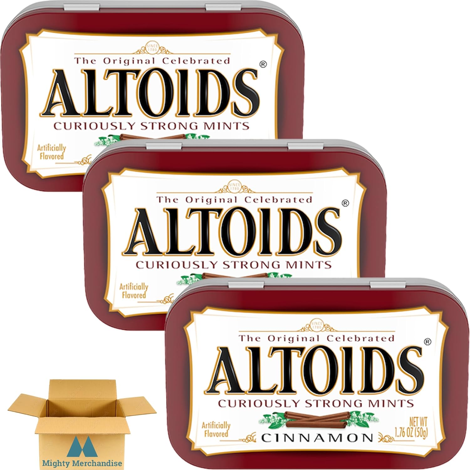Altoids Curiously Strong Breath Mints  Canela  Paquete de 3  Latas de 1.76 onzas  Paquetes individuales  Ideal para vacaciones, fiestas, regalos y