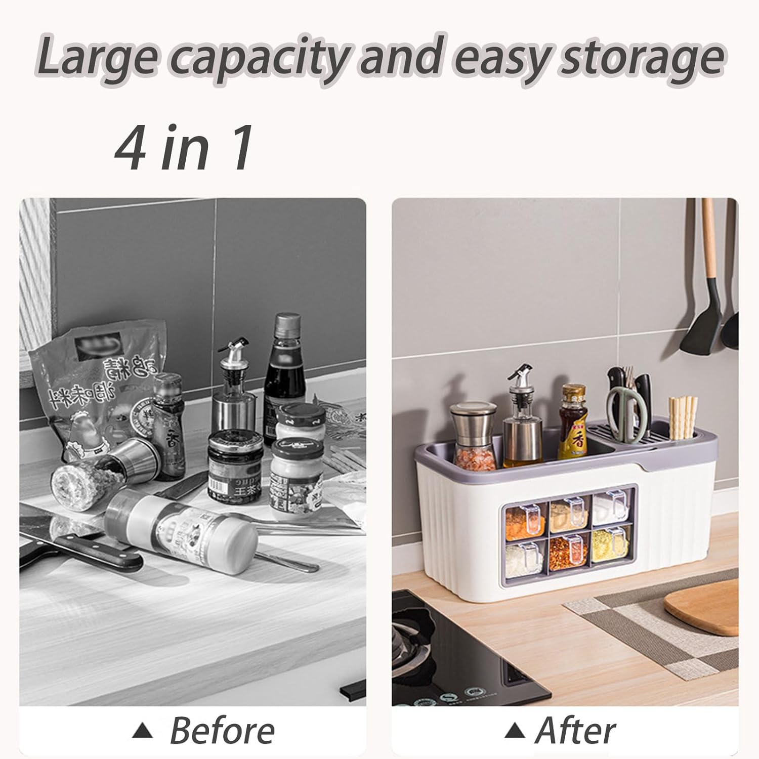 Caja multifuncional para condimentos de cocina, tarro de cepillo de cocina, caja de almacenamiento de cuchara, organizador de cocina 4 en 1 con