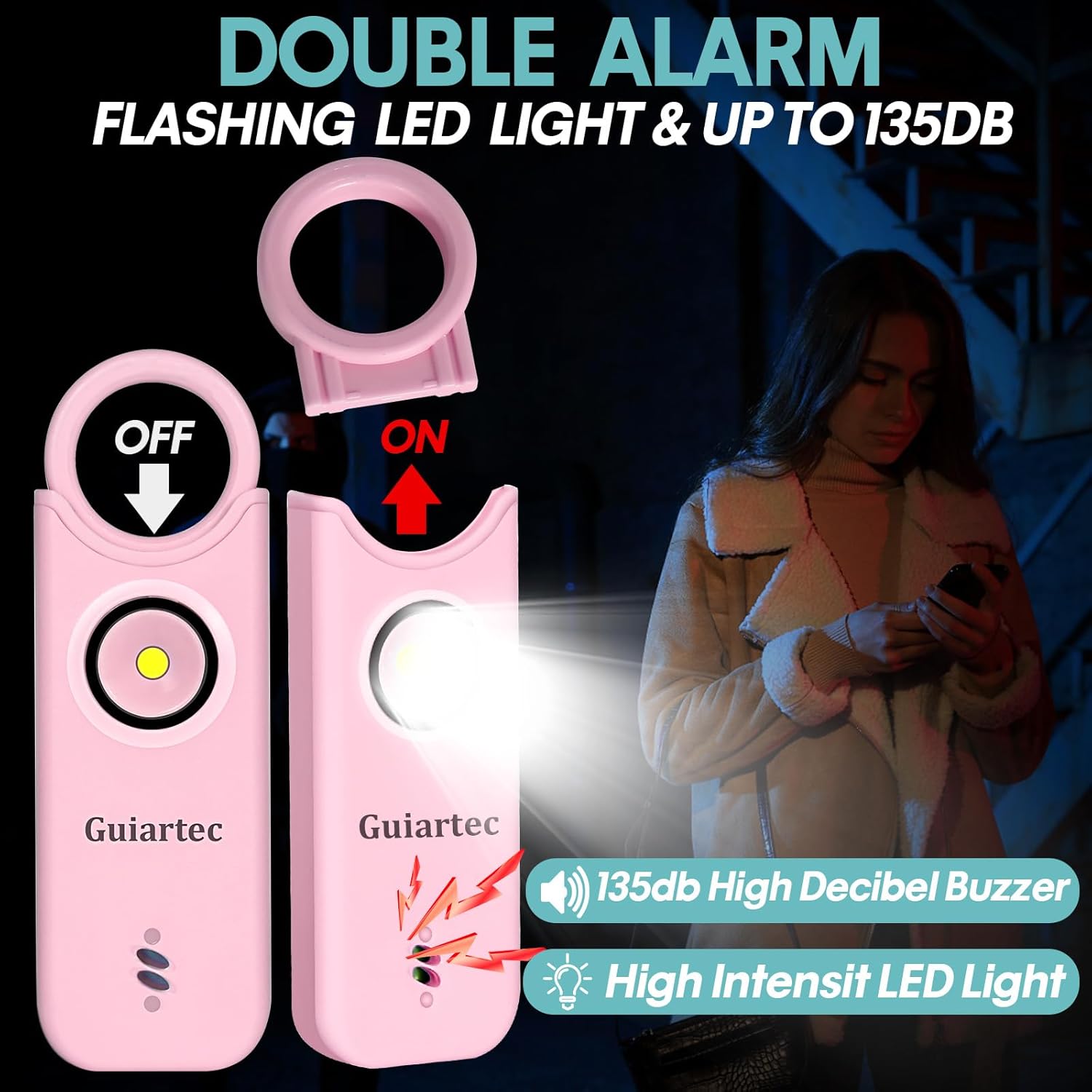 Alarma de seguridad personal recargable para mujeres, llavero de autodefensa de 135 dB con luz estroboscópica LED, dispositivos de seguridad de